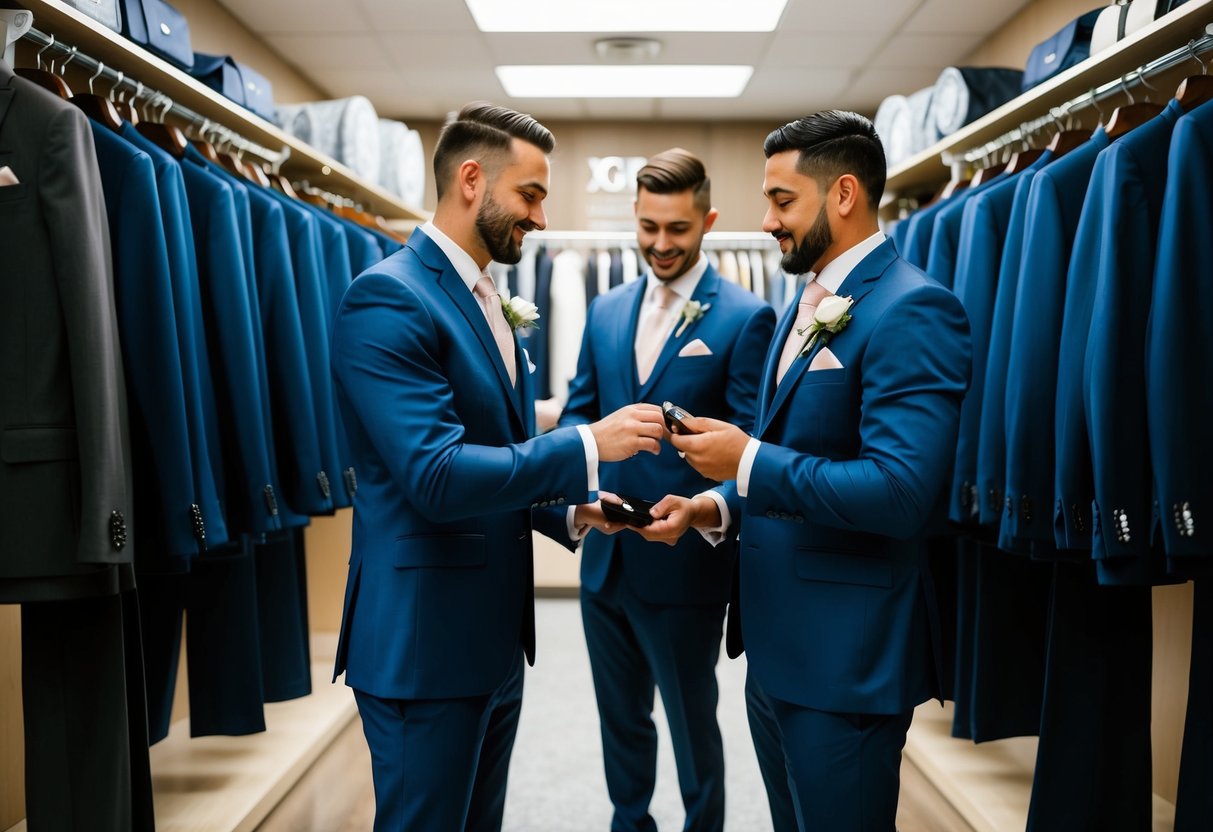 Groomsmen purchasing suits and accessories at a formal wear store