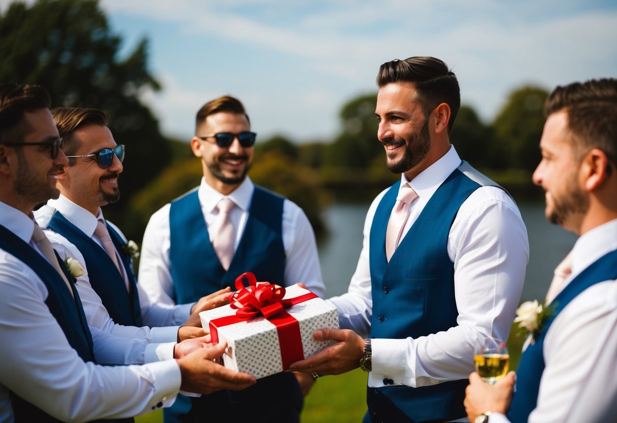Groomsmen present a gift to the groom at the wedding