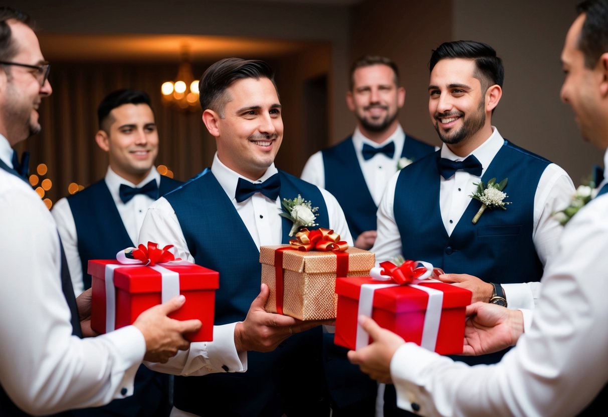 Groomsmen presenting gifts to the groom at a wedding rehearsal dinner