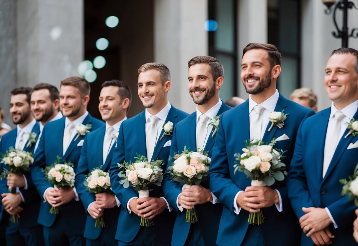 A group of men in formal attire stand in a line, holding bouquets and smiling in a celebratory atmosphere