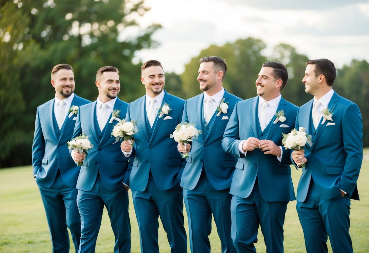 A group of groomsmen standing in a line, each holding a boutonniere and wearing matching suits. They appear relaxed and confident, chatting and laughing together