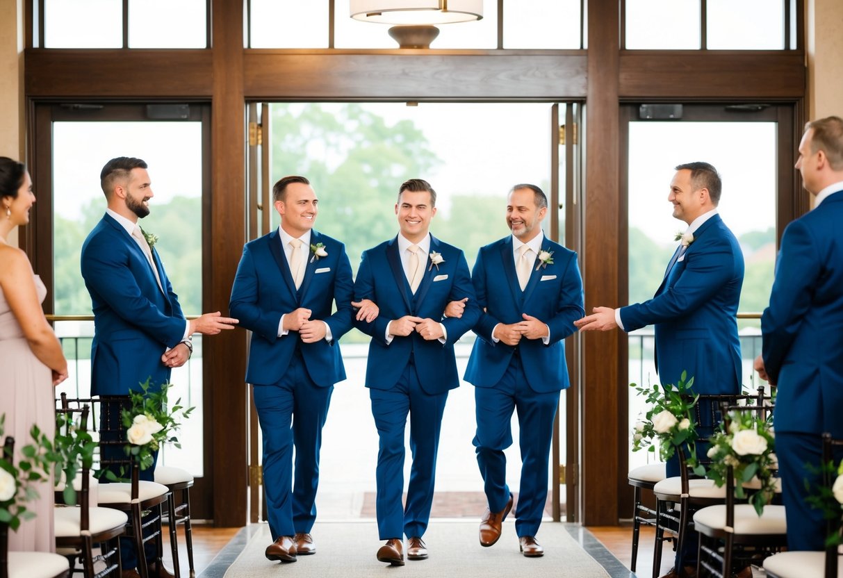 Groomsmen stand at the entrance, guiding guests to their seats with welcoming gestures