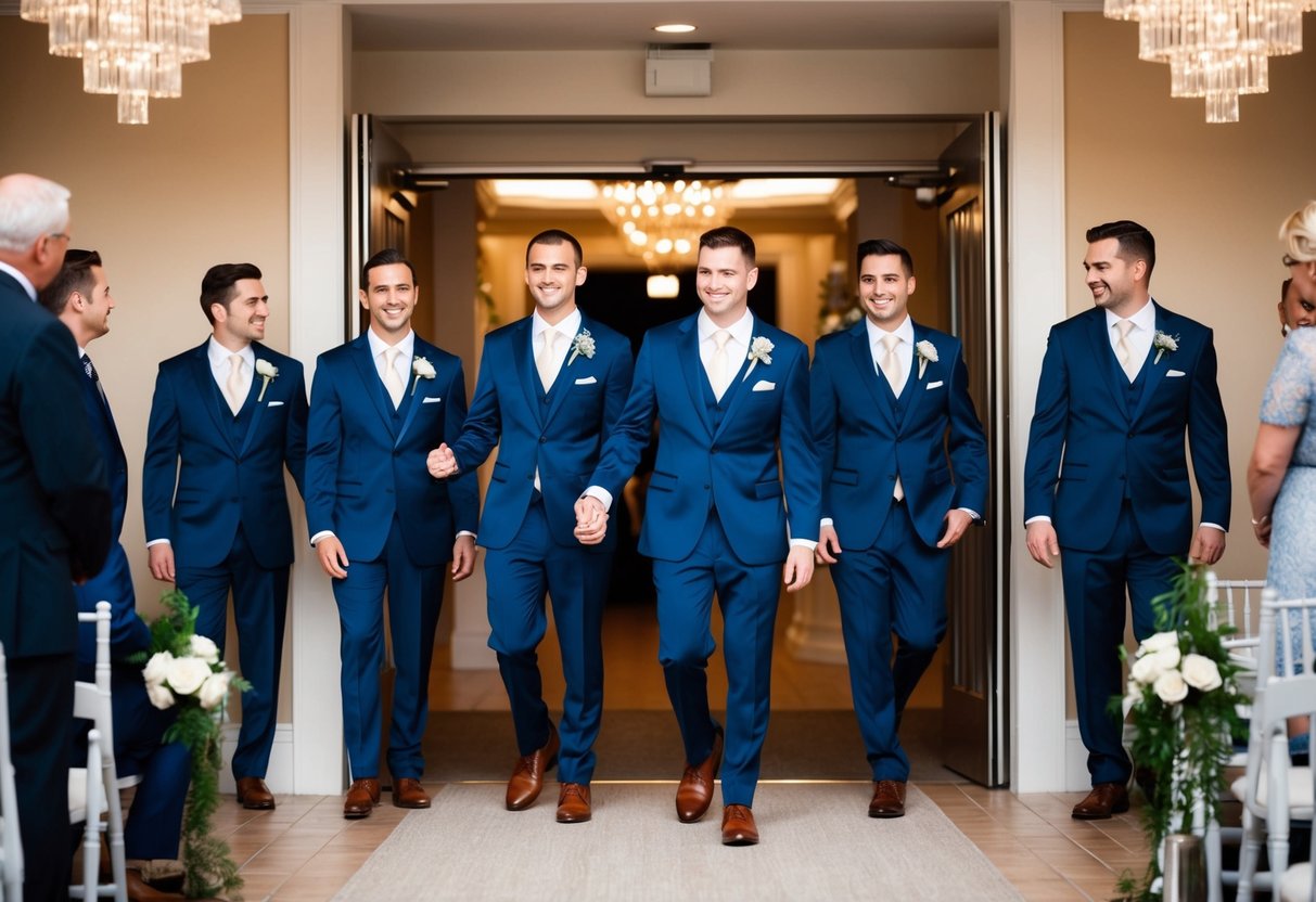 Groomsmen in matching suits stand at the entrance, guiding guests to their seats with a welcoming smile