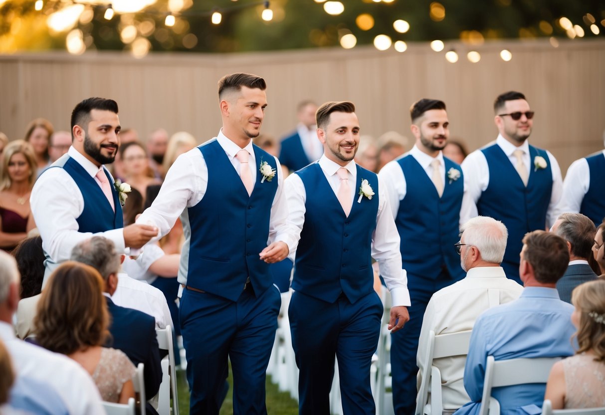 Groomsmen directing guests to their seats at a wedding ceremony