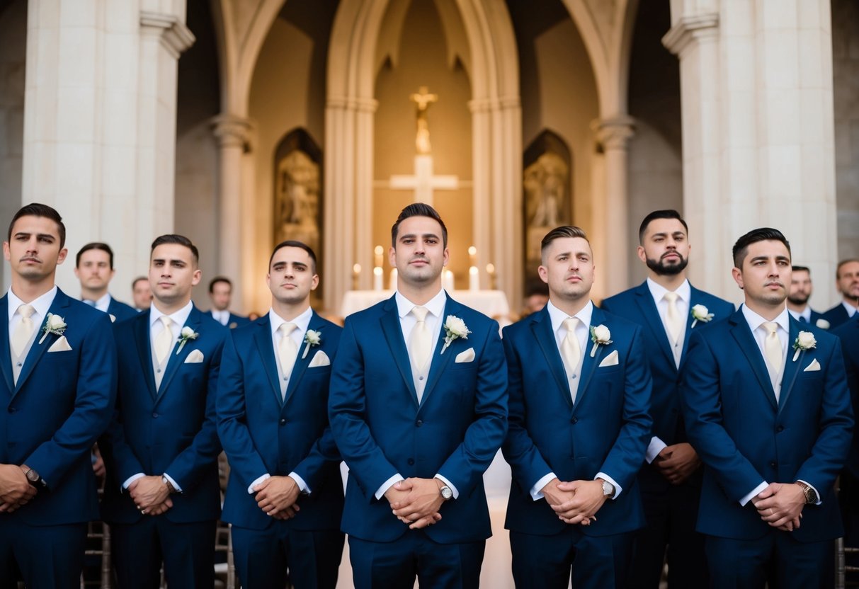 A line of groomsmen stand in a row, facing the altar with their hands clasped in front of them. They are dressed in matching suits and are attentive to the ceremony
