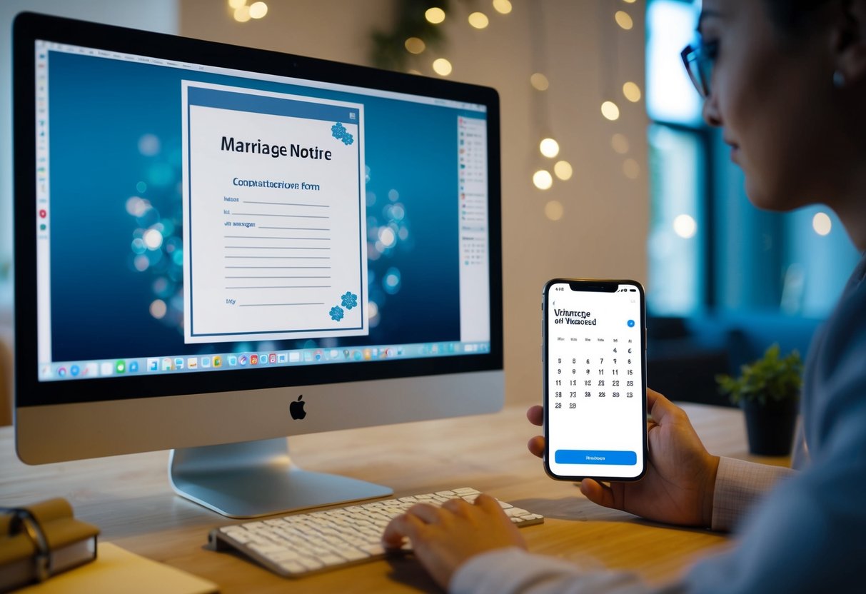 A computer screen with a marriage notice form open, a calendar, and a phone with a message notification