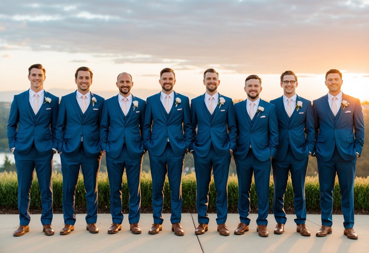 A group of groomsmen stand in a line, wearing matching suits and holding their hands in their pockets. They are positioned in front of a scenic backdrop, with the sun setting behind them