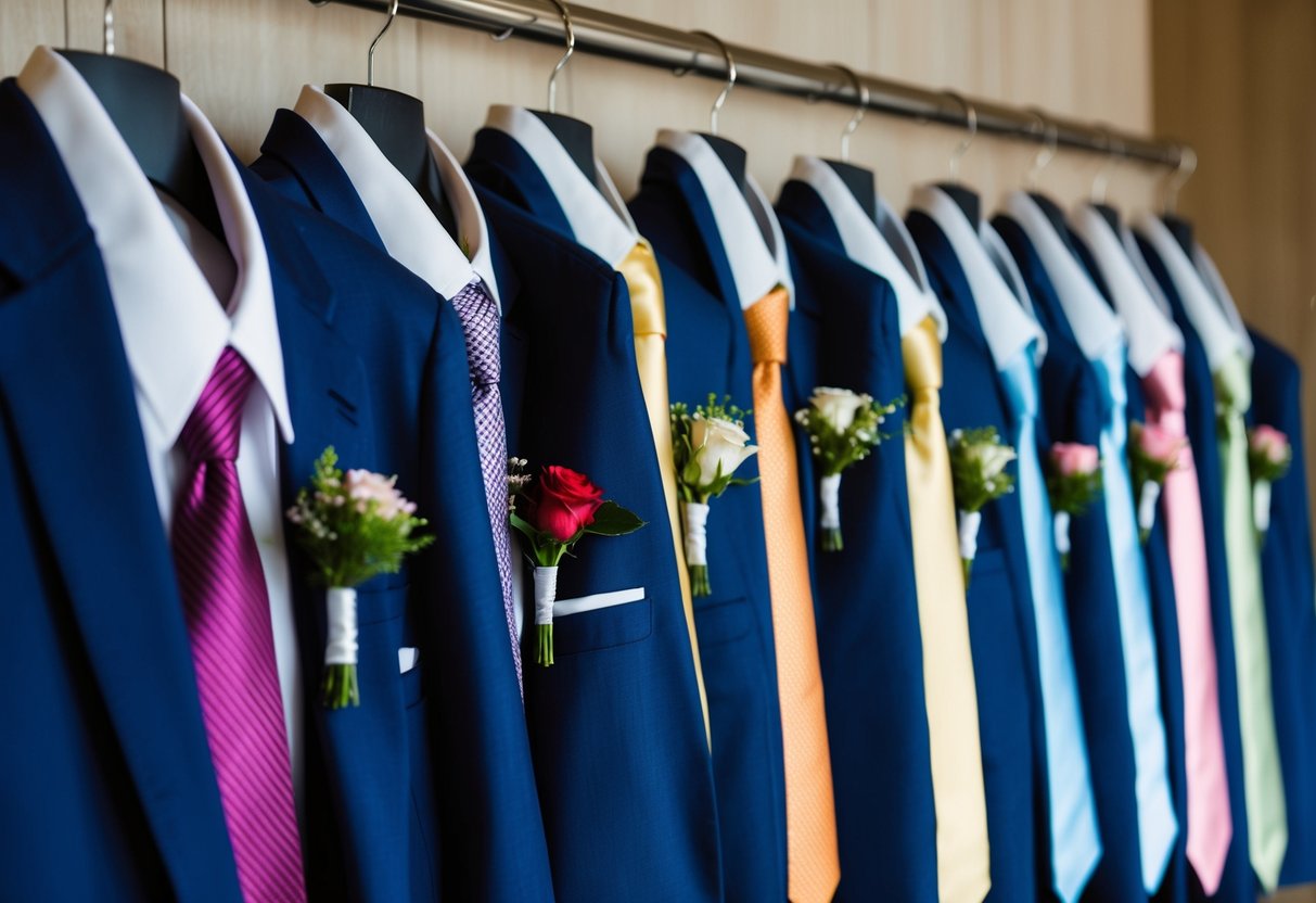 Ten identical suits hanging in a row, each with a different colored tie and boutonniere