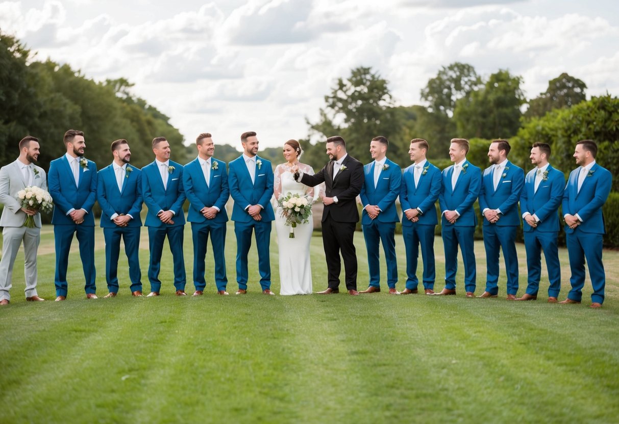 A group of ten groomsmen standing in a line, dressed in matching suits and holding bouquets, while a wedding planner organizes their positions