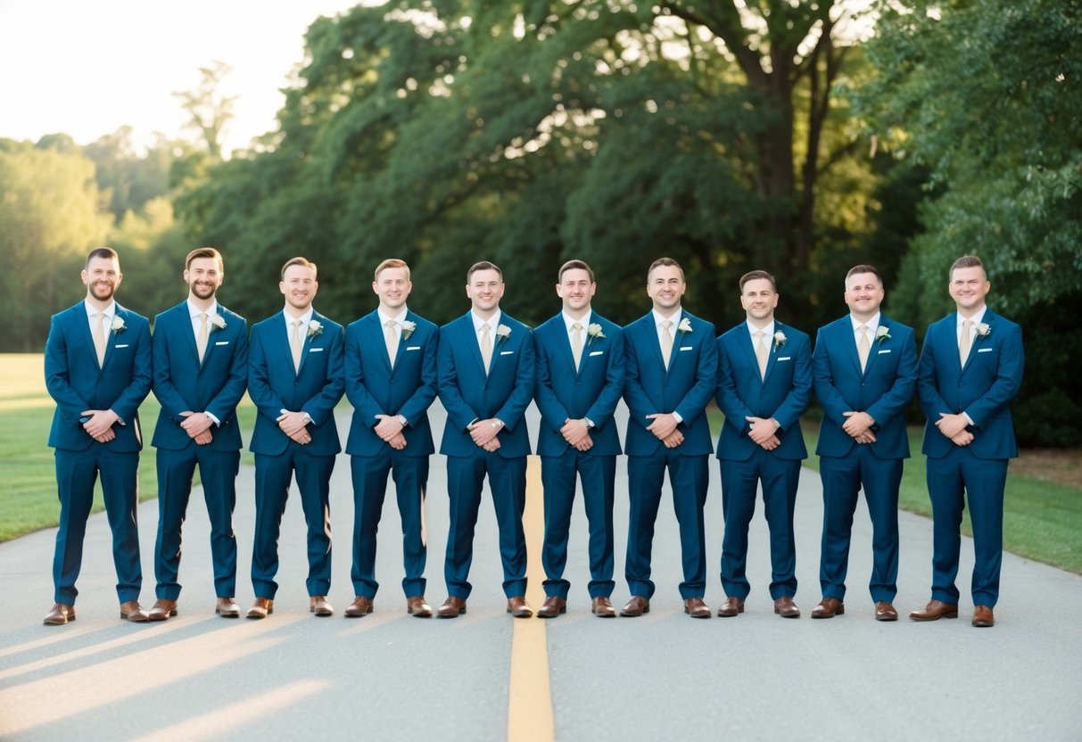 A group of 10 groomsmen standing in a line, each wearing a matching suit and tie, with boutonnieres pinned to their jackets