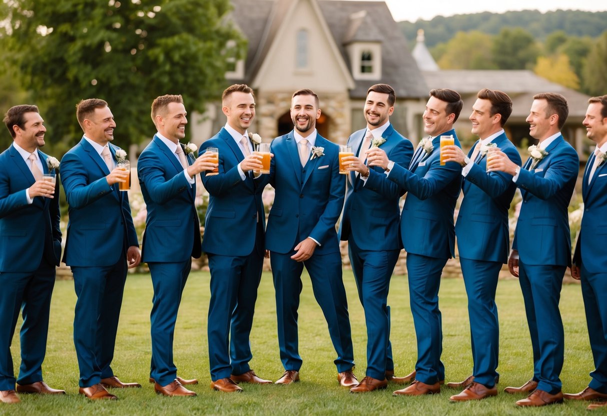 A group of ten groomsmen standing in a line, laughing and toasting with drinks at a picturesque outdoor wedding venue