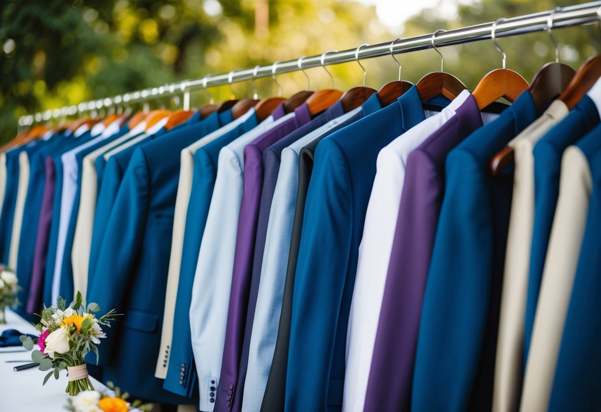 A row of colorful groomsmen attire arranged on hangers, with matching boutonnieres and ties displayed on a table