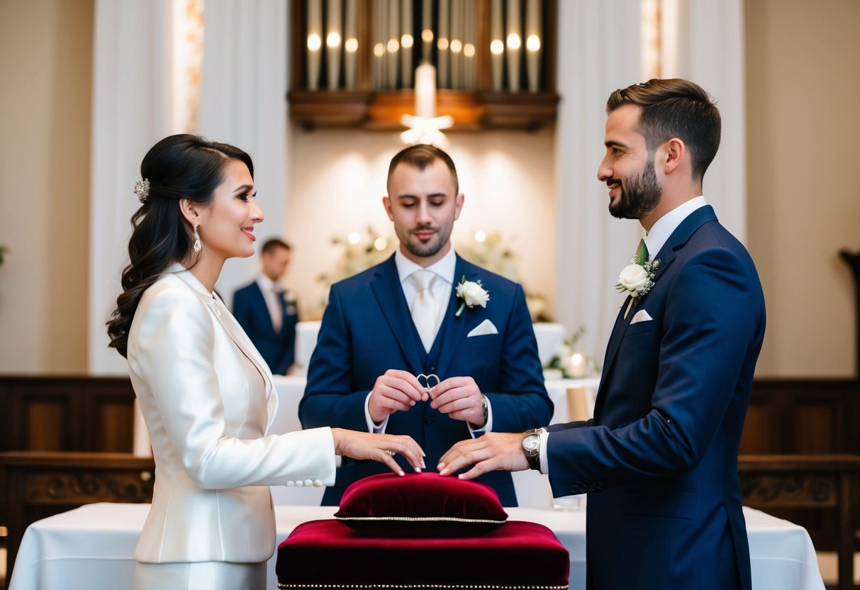 A woman in a suit stands next to the groom at the altar, holding the wedding rings on a velvet cushion
