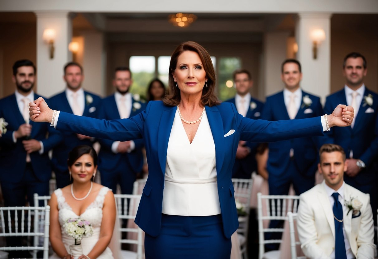 A woman stands at the center of a wedding party, confidently supporting the groom as his best man. She exudes strength and poise, commanding the attention of the room