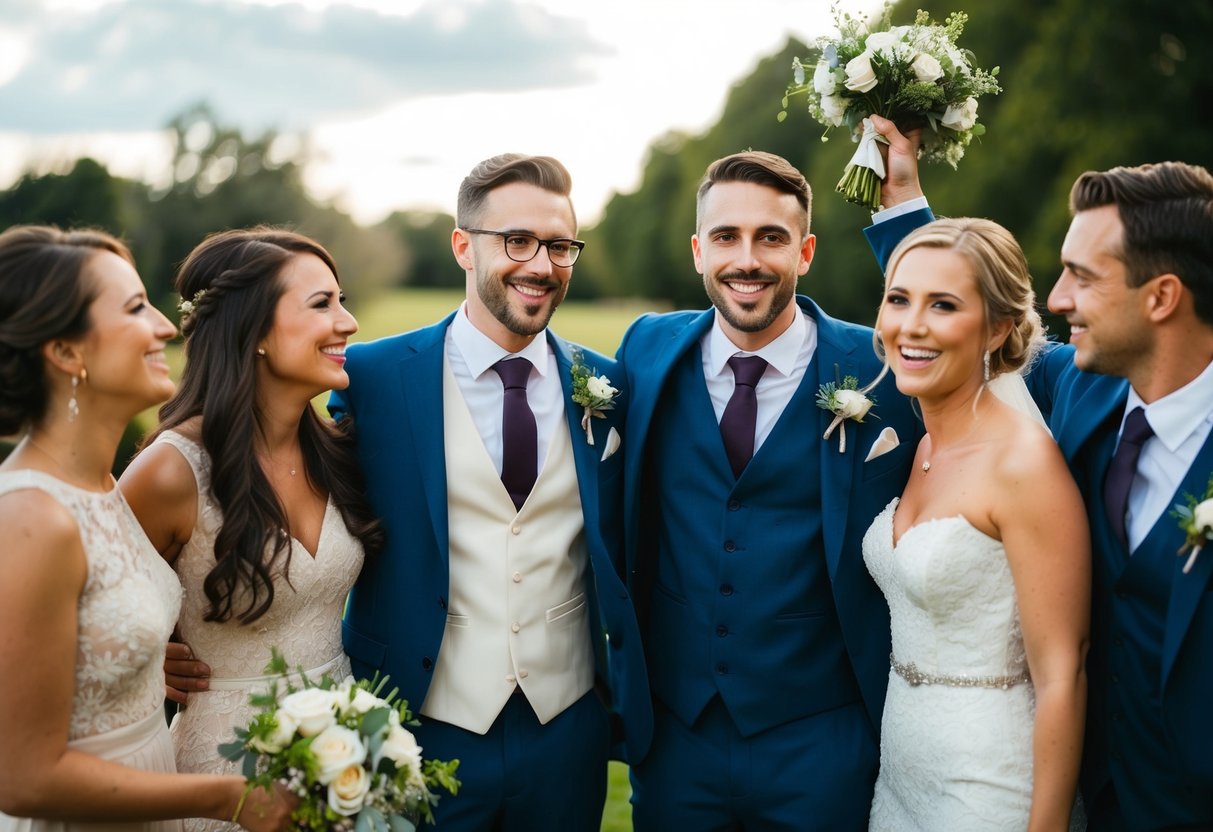 A group of friends gather for a pre-wedding celebration, with a female best man standing proudly next to the bride and groom