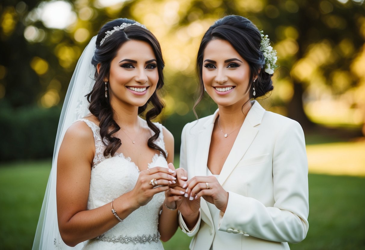 The bride's best friend stands next to her, holding the rings with a big smile