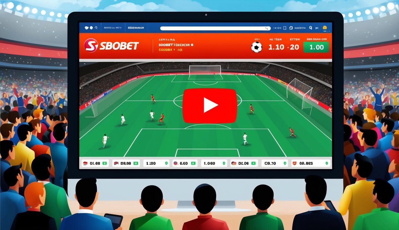 Sebuah pertandingan sepak bola yang disiarkan di layar dengan logo Sbobet, dikelilingi oleh peluang taruhan dan kerumunan yang ramai