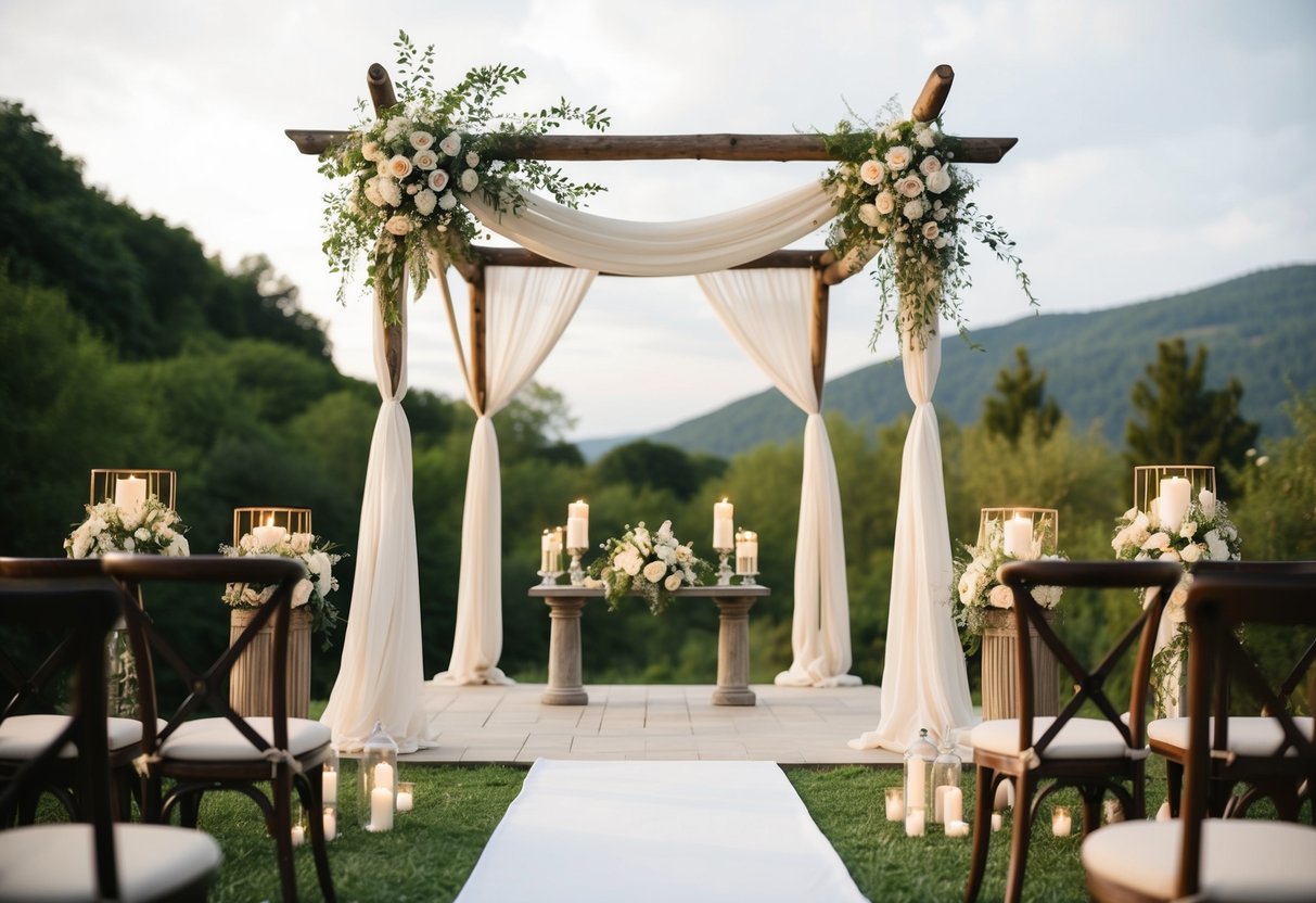 A serene outdoor wedding altar with flowers, candles, and a draped canopy, set against a picturesque natural backdrop