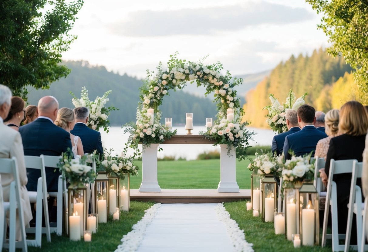 A beautifully decorated wedding altar with flowers and candles, set in a serene outdoor location with a picturesque backdrop