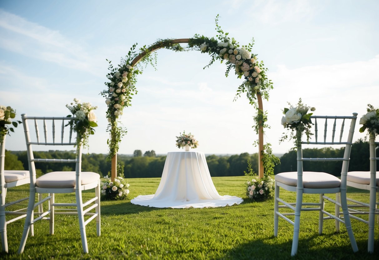 A simple outdoor wedding ceremony with a beautiful arch, flowers, and two empty chairs facing each other
