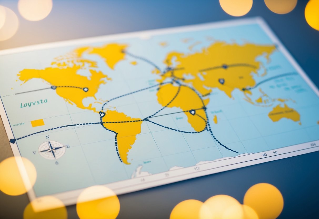 A map with two distant locations connected by a dotted line, surrounded by symbols of love and commitment