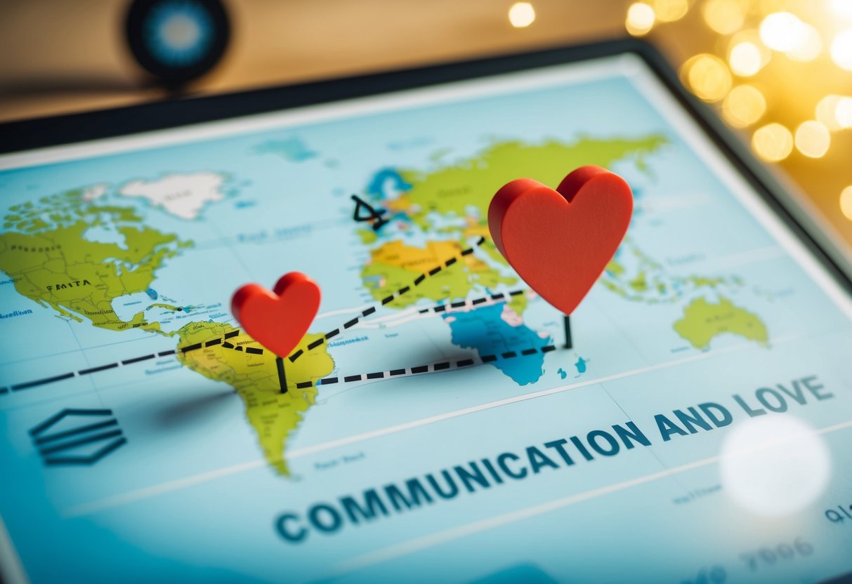 A map with two distant locations connected by a dotted line, surrounded by symbols of communication and love