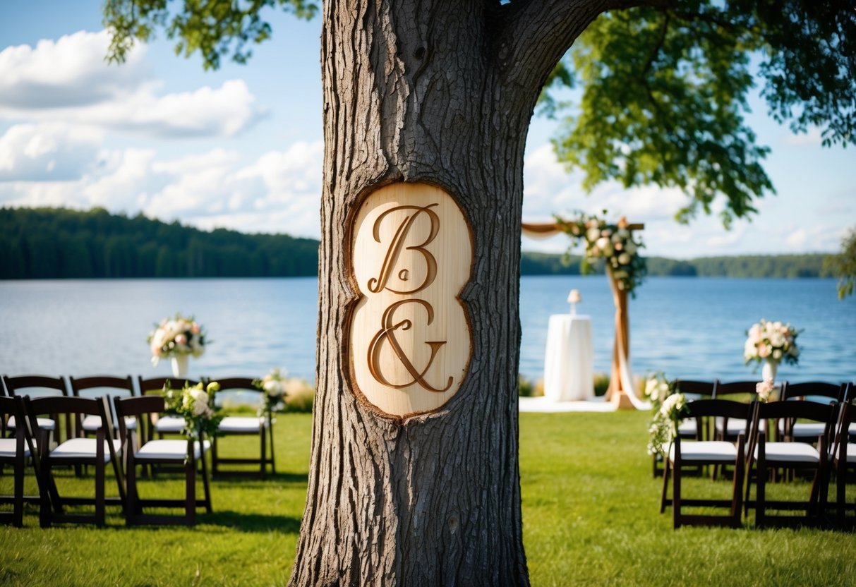 A bride and groom's initials carved in a tree, surrounded by a scenic outdoor wedding setup with flowers, chairs, and an altar, all overlooking a tranquil lake
