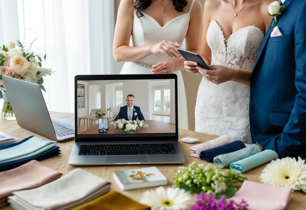 A bride and groom-to-be video chat with a wedding planner, surrounded by a table covered in fabric swatches, flower samples, and a laptop displaying a virtual venue tour