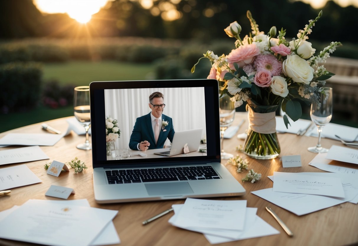 A table scattered with wedding invitations, flowers, and a laptop open to a video call with a wedding planner