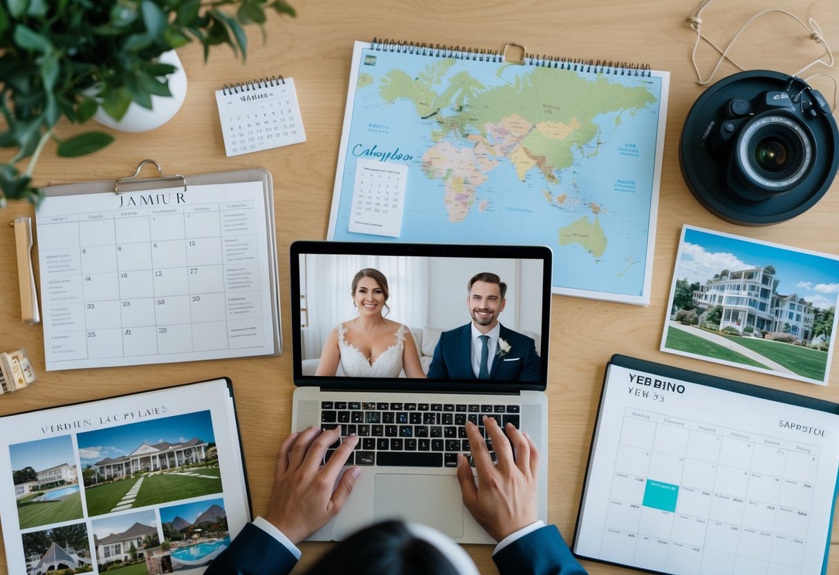 A bride and groom video call with a wedding planner, surrounded by maps, calendars, and photos of potential venues and accommodations