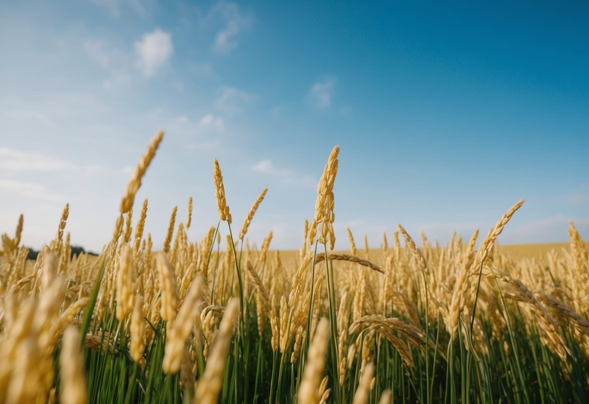 Um campo de arroz dourado balançando na brisa sob um céu azul claro