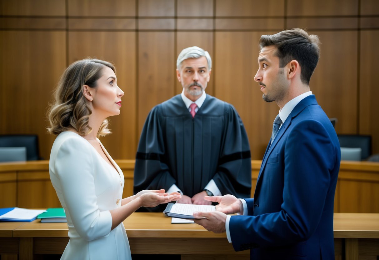 A couple standing before a judge in a courtroom, with puzzled expressions as the judge explains the legal reasons their marriage is deemed illegal in the UK