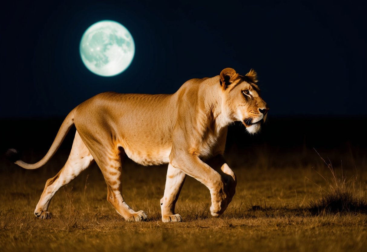 Uma leoa perambula por uma savana iluminada pela lua, seu pelo dourado brilhando na noite. Seus músculos poderosos ondulam enquanto ela se move com graça e confiança.