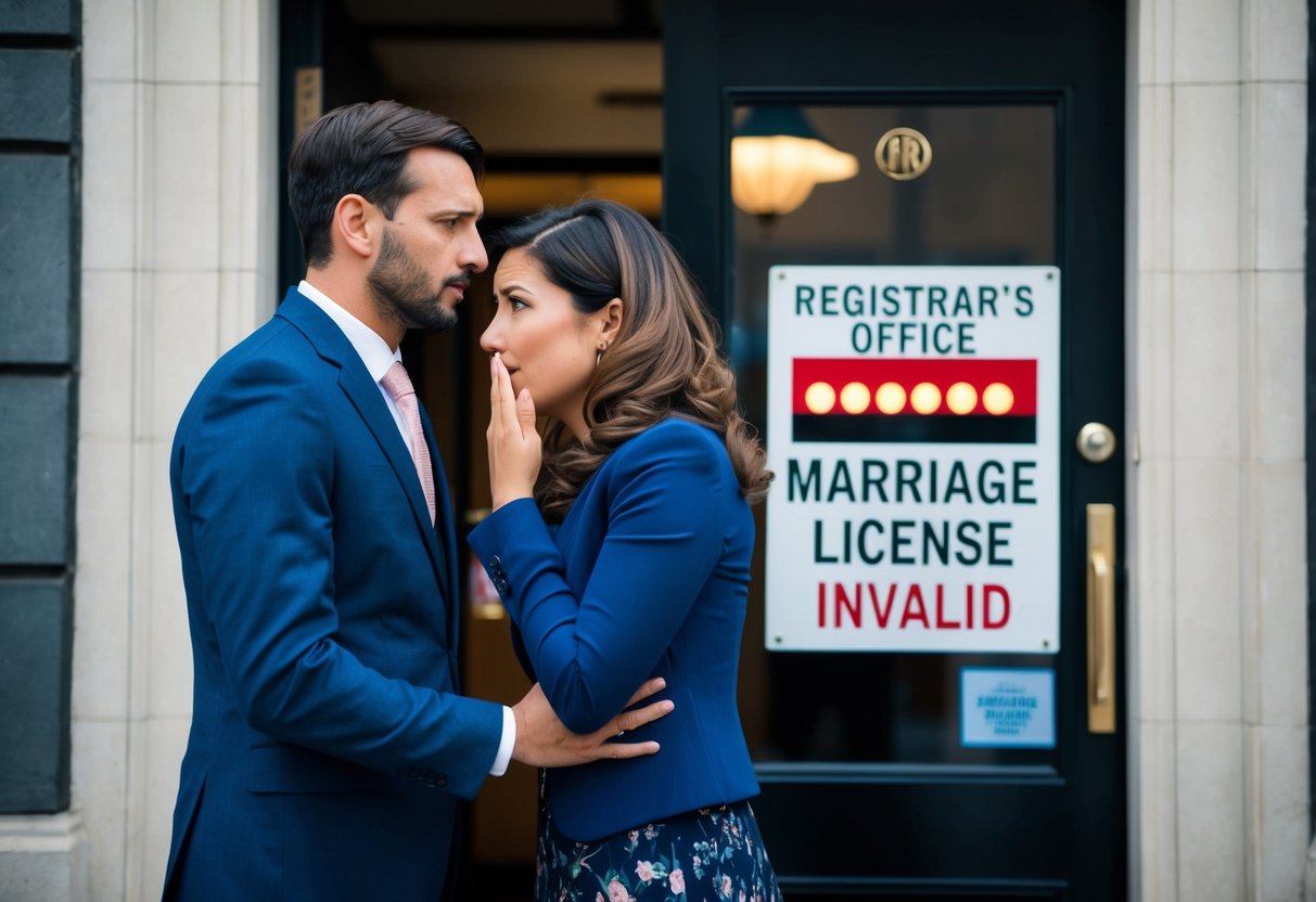 A couple standing in front of a registrar's office, looking confused and upset as they are turned away, with a sign indicating "Marriage License Invalid" in the background