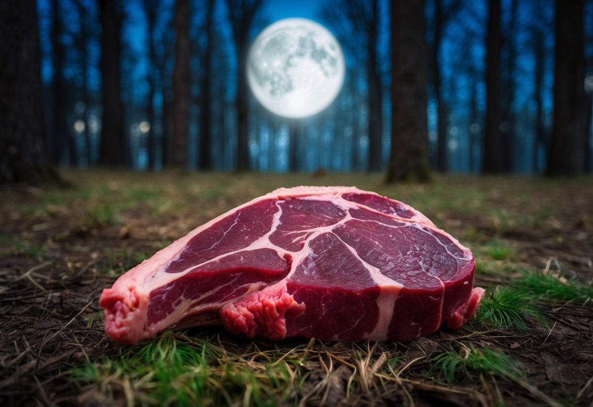 Um sonho de carne crua em uma clareira de floresta iluminada pela lua