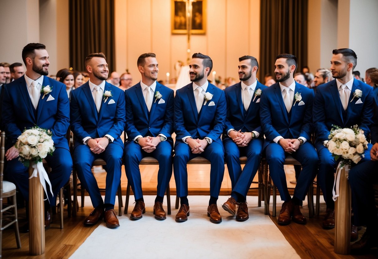 Groomsmen sit in a row on the groom's side of the aisle, facing the altar and the bride. They are dressed in matching suits or tuxedos and may be holding bouquets or other wedding accessories