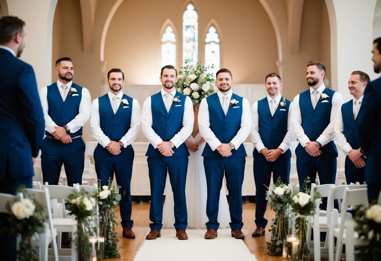 Groomsmen stand in a line facing the ceremony, with the groom at the front. They may hold bouquets or stand with their hands clasped in front of them