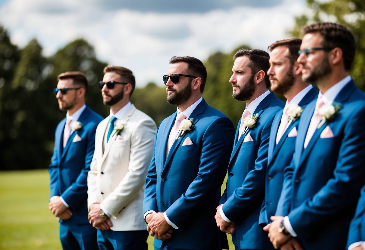 The groomsmen stand in a line behind the groom, with the best man positioned closest to him. Their posture is attentive and respectful