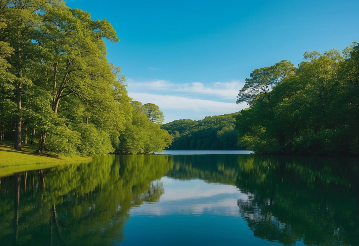 Um sonho de uma foto: uma paisagem serena com um céu azul claro, um lago calmo e árvores verdes exuberantes refletidas na água