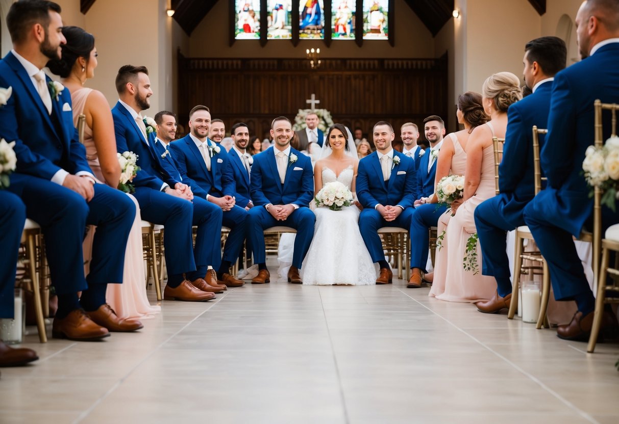 Groomsmen sit in a row on the left side of the aisle, facing the altar. They are positioned next to the bridesmaids and behind the bride and groom's immediate family