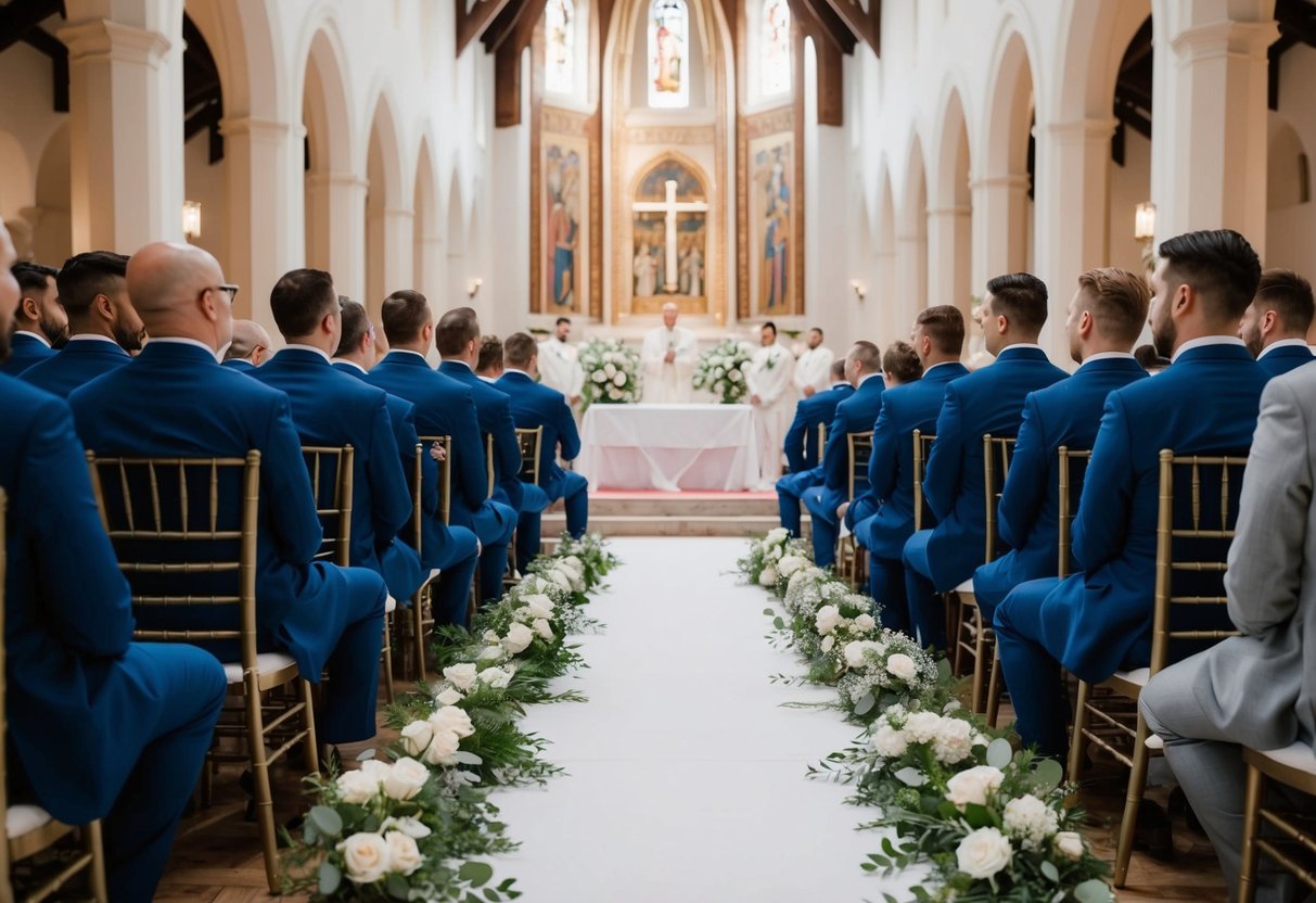 Groomsmen seated in two rows on either side of the aisle, facing the altar