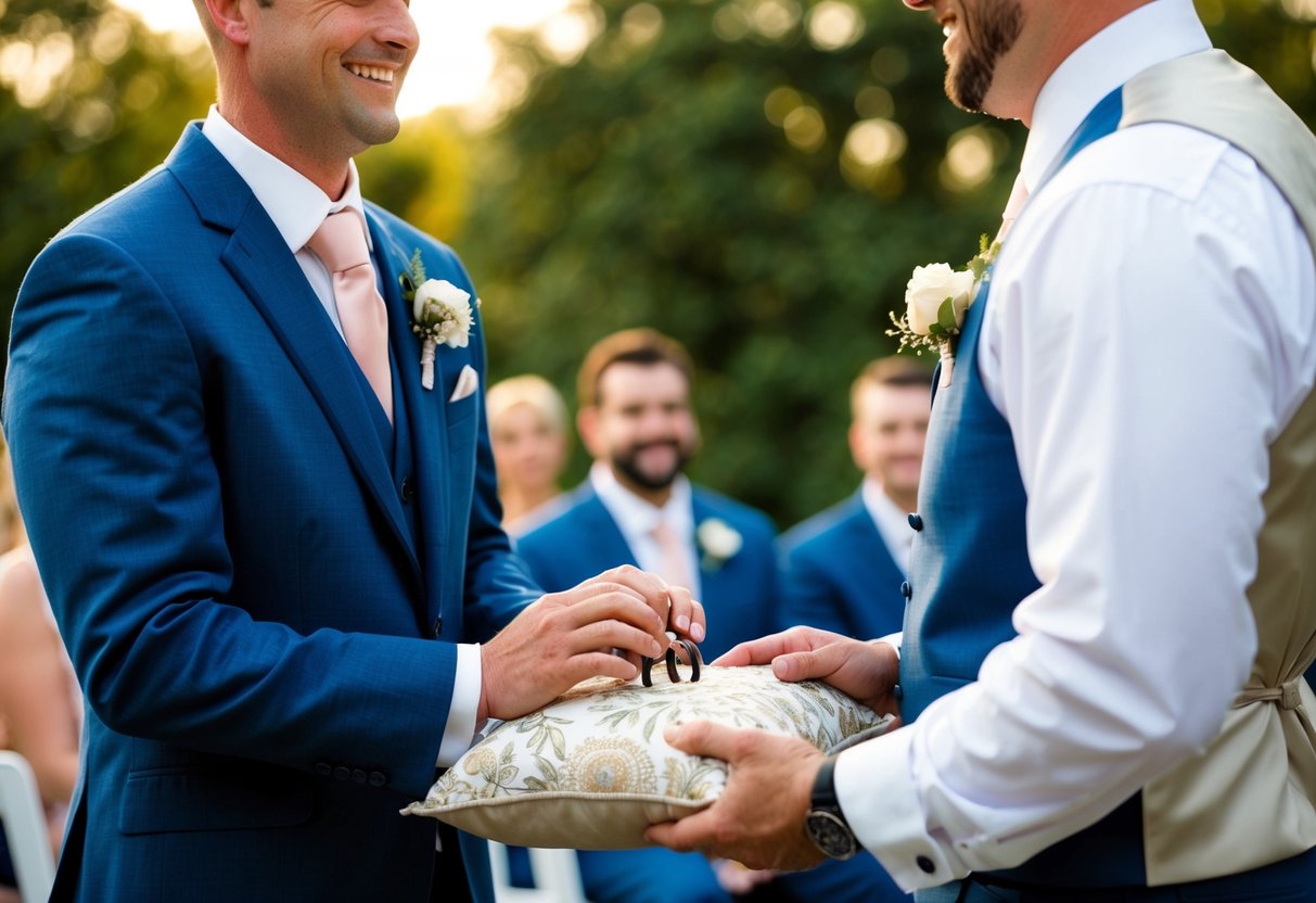 A groomsman stands beside the groom, holding the wedding rings on a decorative pillow. He smiles as he watches the ceremony
