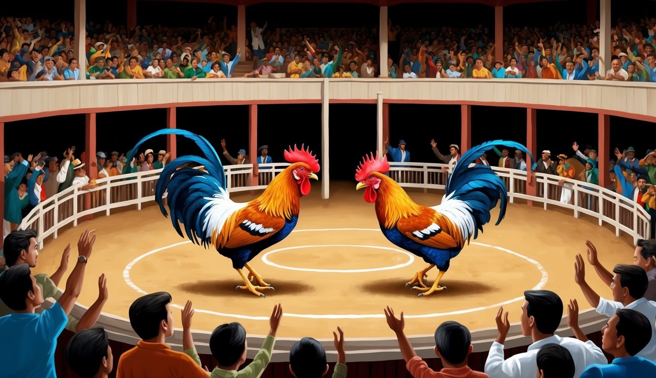 Sebuah arena yang ramai dengan dua ayam jantan yang saling berhadapan dalam pertandingan sabung ayam tradisional, dikelilingi oleh penonton yang bersorak.