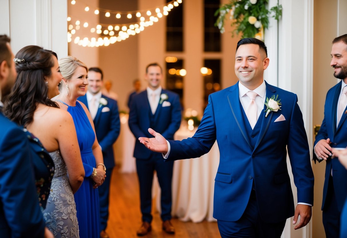 A groomsman stands at the entrance to the reception, greeting guests with a warm smile before helping to organize the post-ceremony festivities