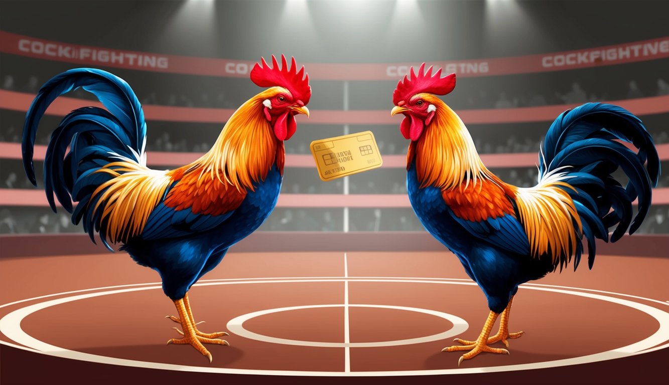 Dua ayam jantan berhadapan di arena sabung ayam online dengan sistem pembayaran cepat