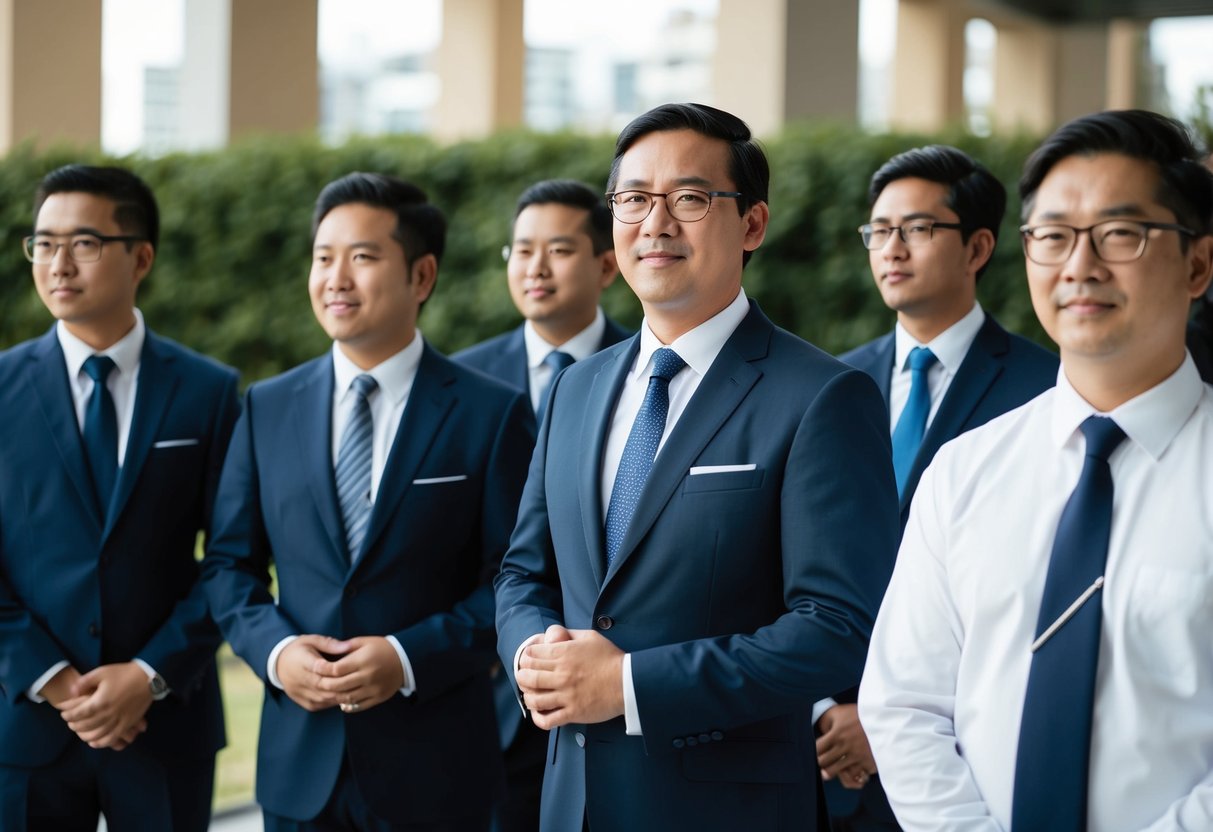 A group of men in formal attire stand together, with one man positioned slightly apart from the others