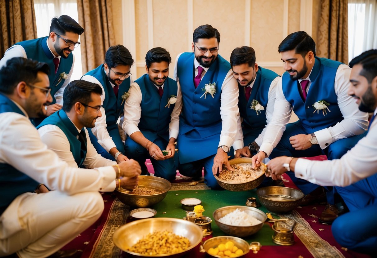 A group of men gather for pre-wedding activities, with one standing out as the best man. They engage in various traditional and celebratory tasks