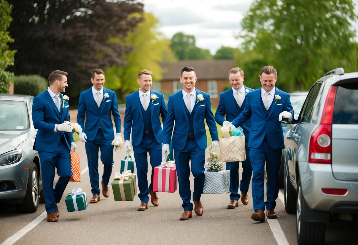 A group of groomsmen and the best man gather to clean up the wedding venue, collect decorations, and load gifts into the car