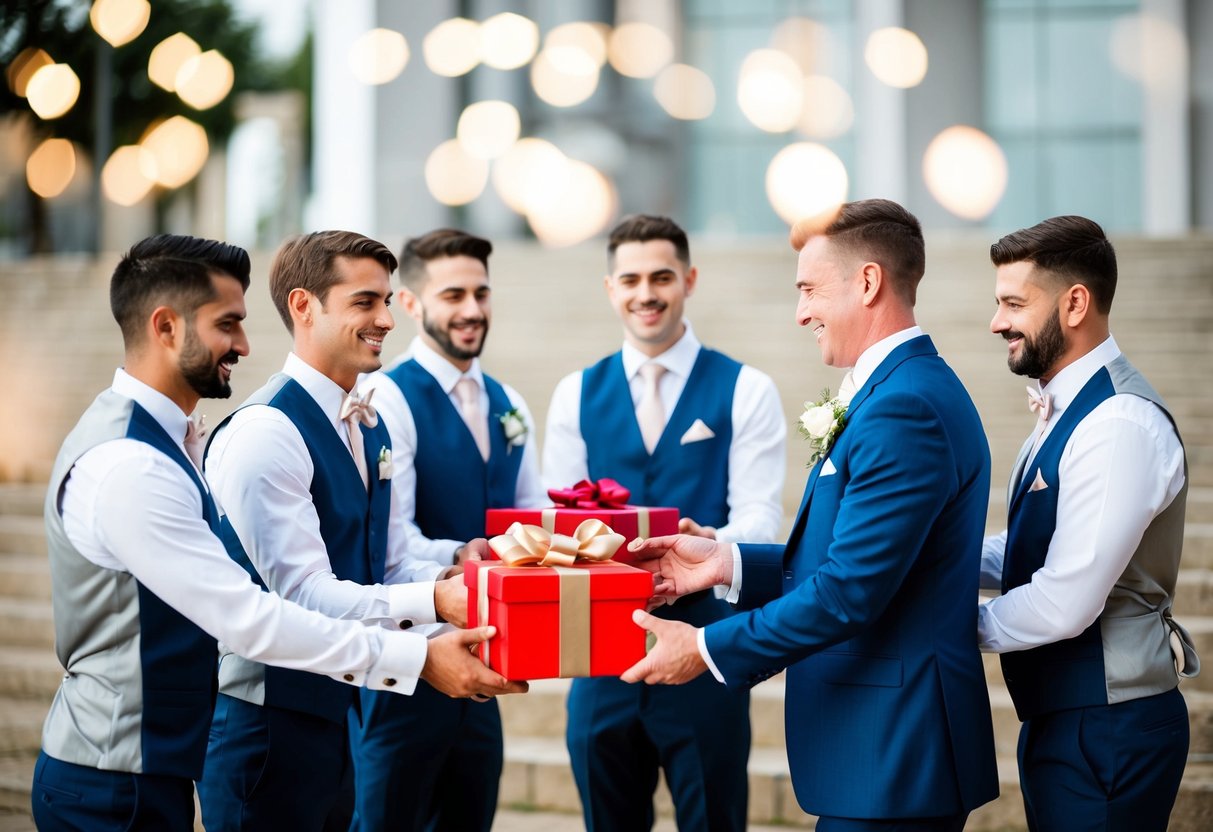 A group of groomsmen exchanging gifts, with one person presenting the gifts to the others