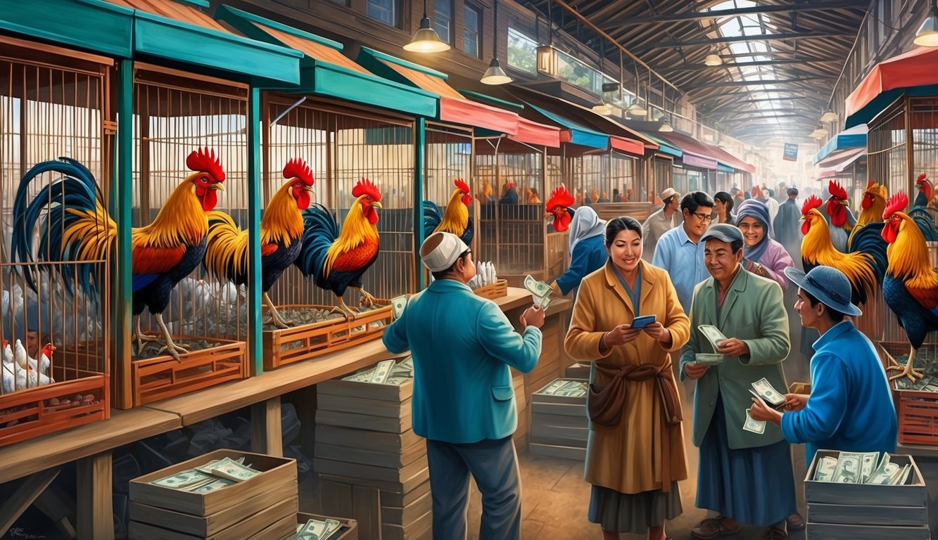 Pasar yang ramai dengan ayam jantan berwarna-warni dalam kandang, orang-orang bertukar uang, dan suasana mendesak di udara